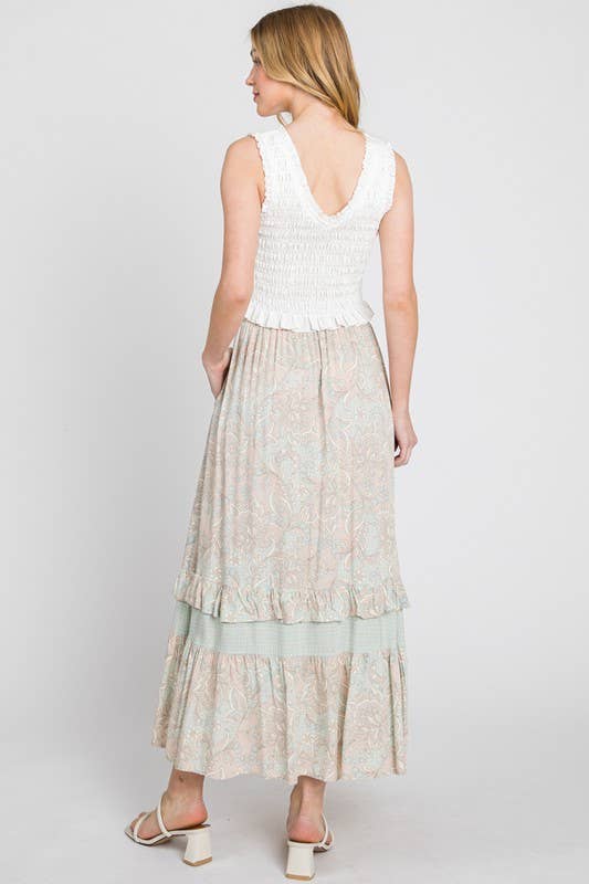 Mint and Taupe Delicate Design Block Ruffle Maxi Skirt