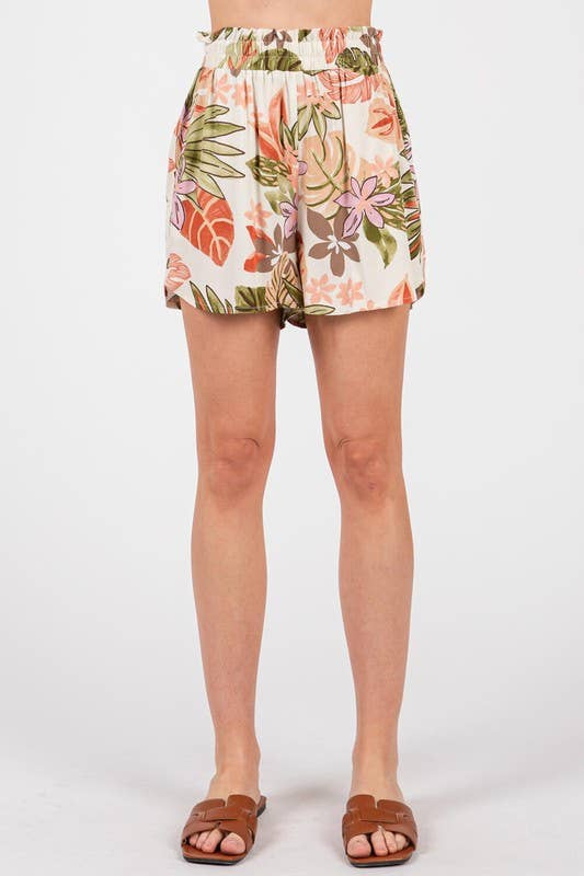 Ivory and Coral Foliage Print Flirty Dolphin Hem Line Shorts