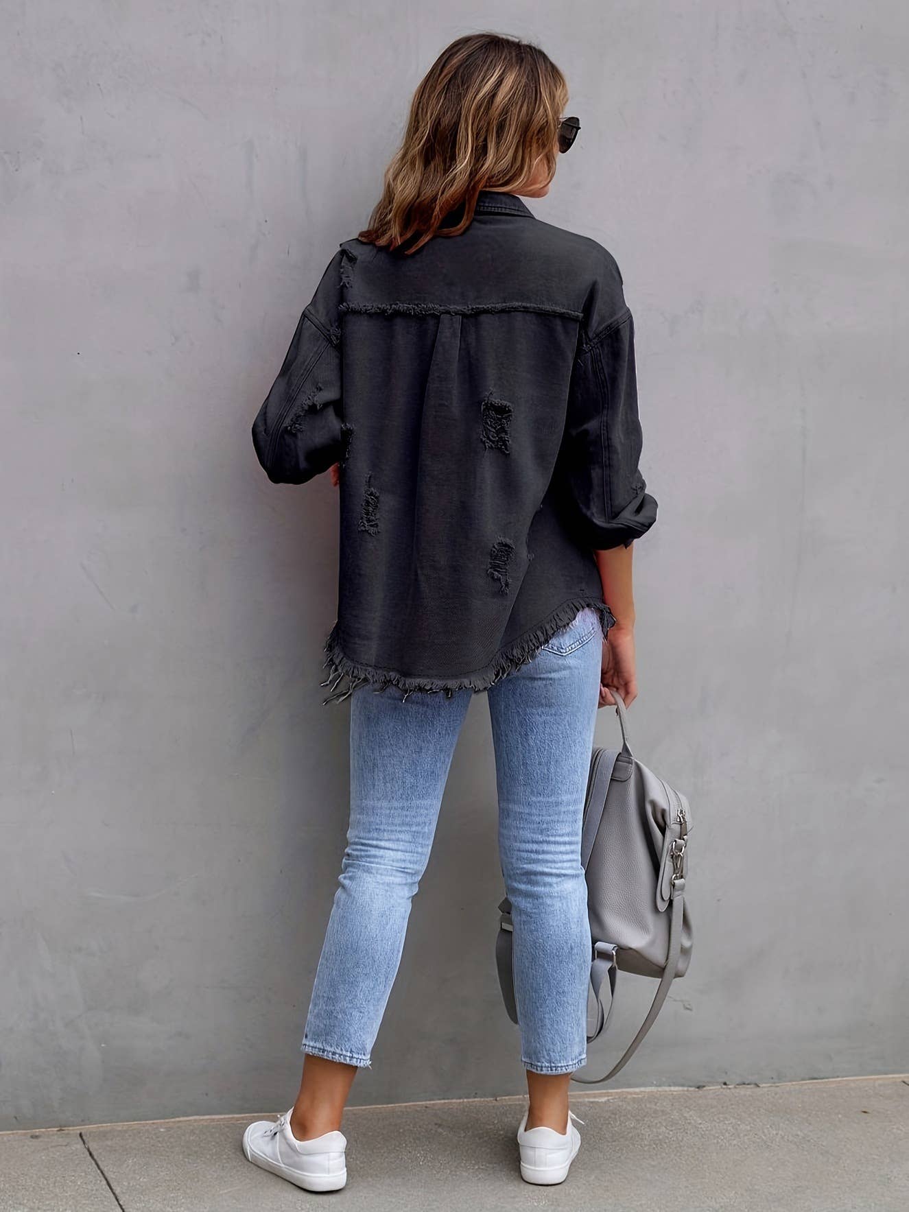 Grey Distressed Loose Denim Jacket-166134