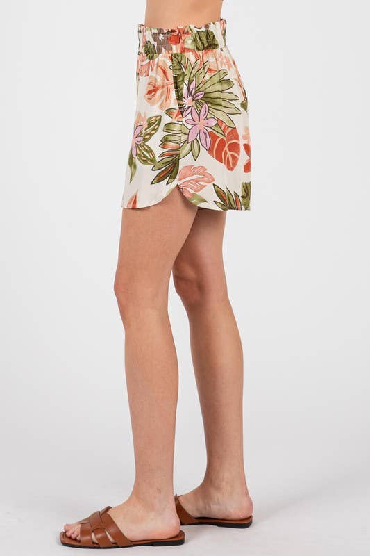 Ivory and Coral Foliage Print Flirty Dolphin Hem Line Shorts