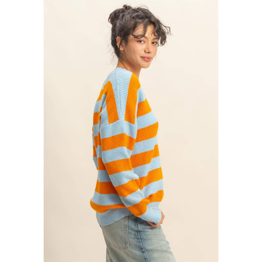Orange and Blue Oversized Striped V-Neck Sweater