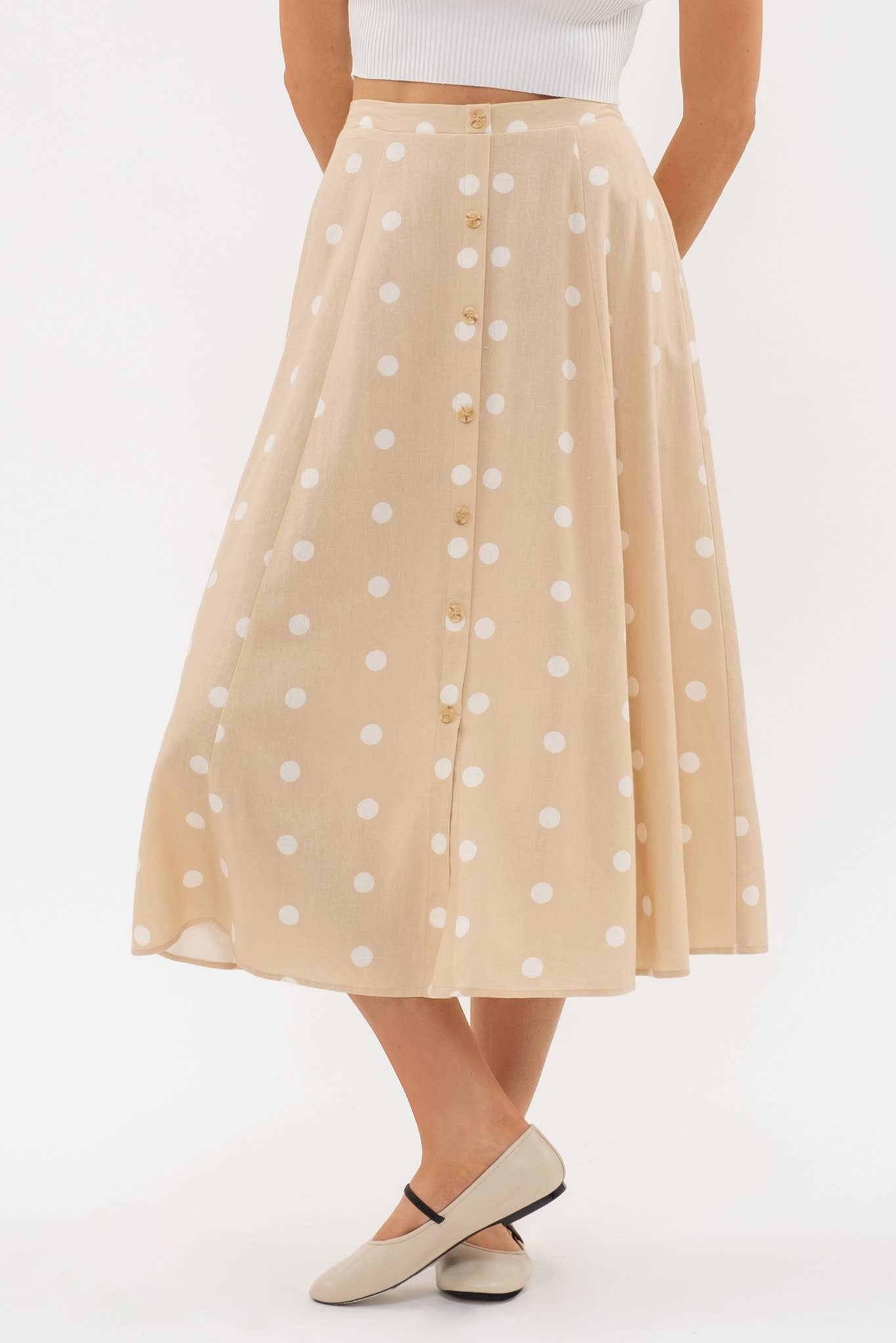 Khaki and White Linen Polka Dot Button Down Skirt