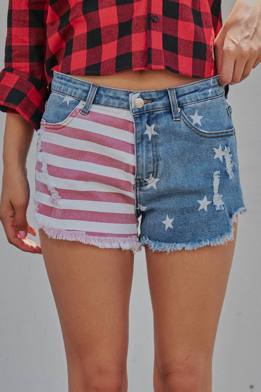 Light Denim Stars And Stripes Cutoff Distressed Shorts-110196