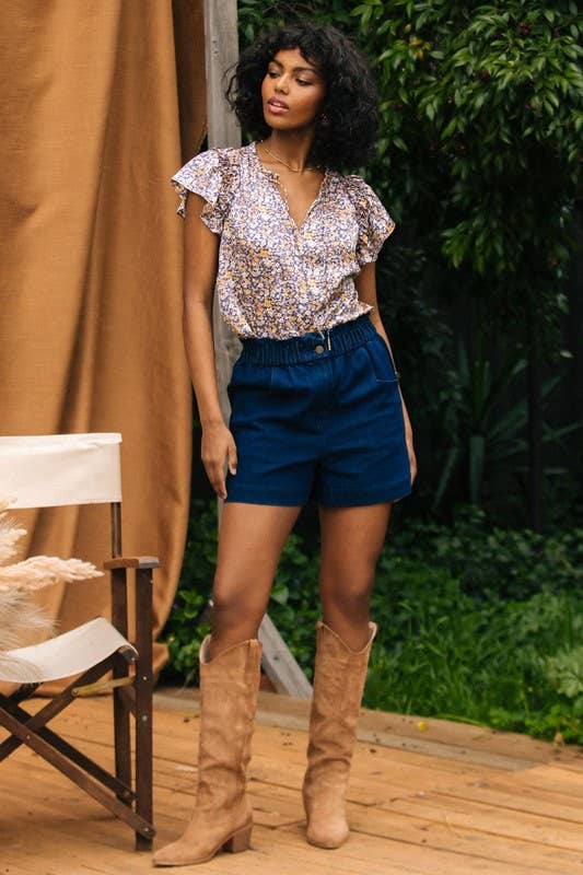 Indigo High-Waisted Stretch Denim Shorts-114802