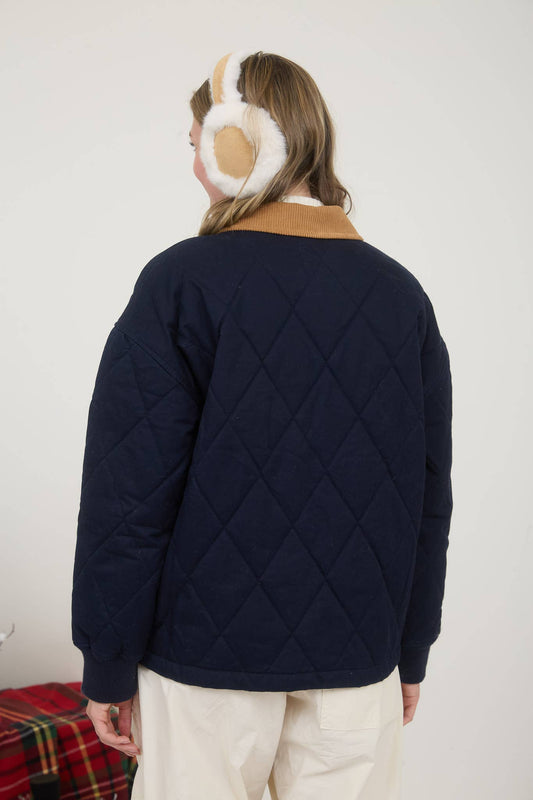 Navy with Corduroy Collar Diamond Quilted Barn Jacket