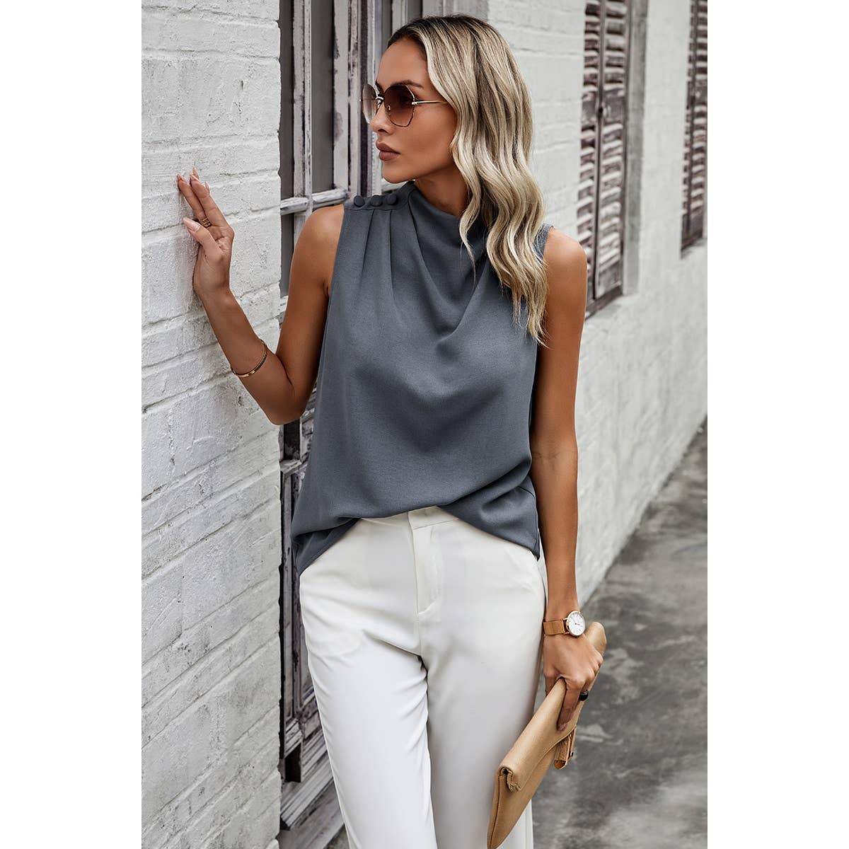 Button Grey Blue Silky Layered Collar Sleeveless Blouse