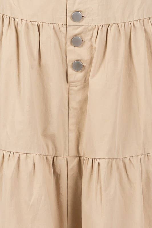 Beige Tiered Cotton Maxi Skirt W/ Button Detailed Front