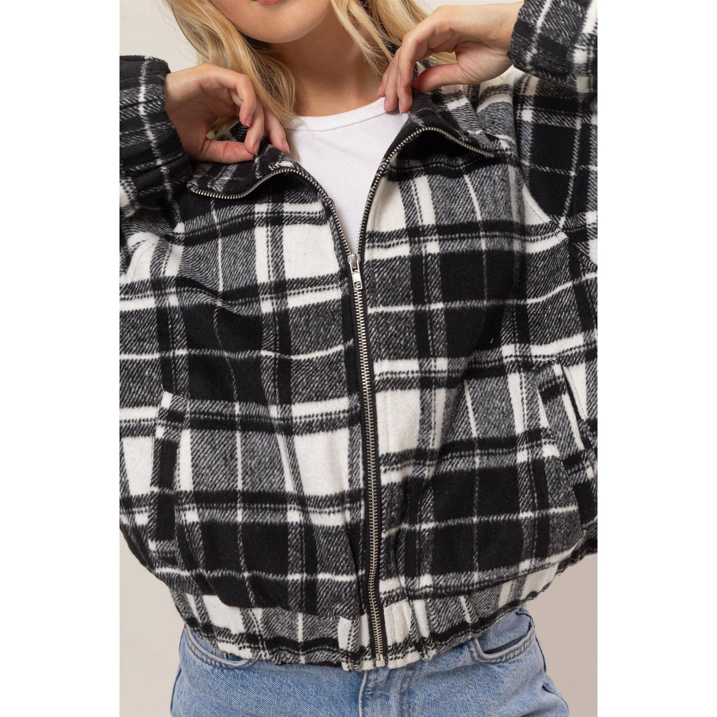 Soft Flannel Black Plaid Zip-Up Moto Jacket