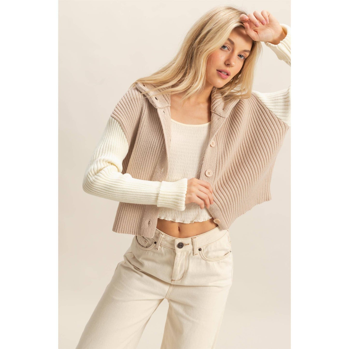 Sand and Ivory Contrasting Sleeves Sweater Cardigan- 155021