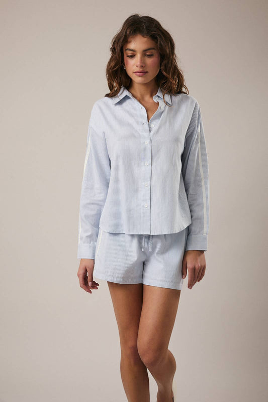 Blue and White Stripe Button Up Blouse w/ White Stripe Detail Sleeve - 142063
