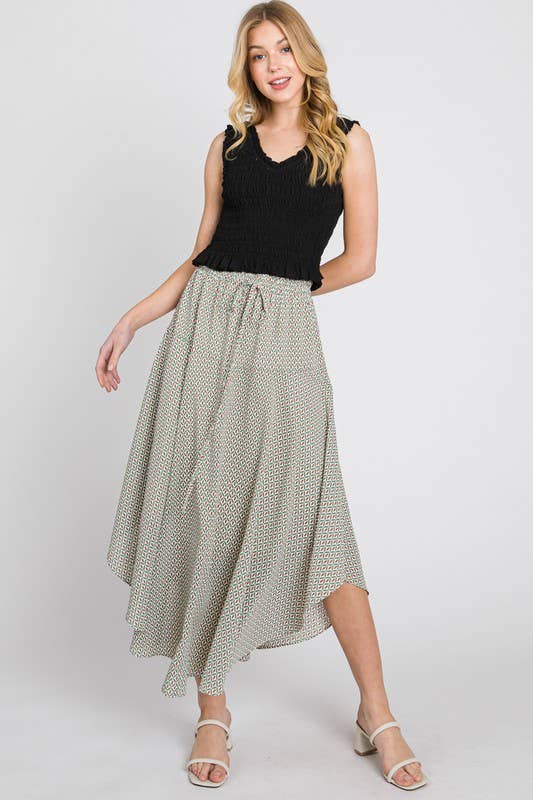 Jade and Burgundy Midi Skirt Juliana Pattern Drawstring Waist and Flared Curve Hemline