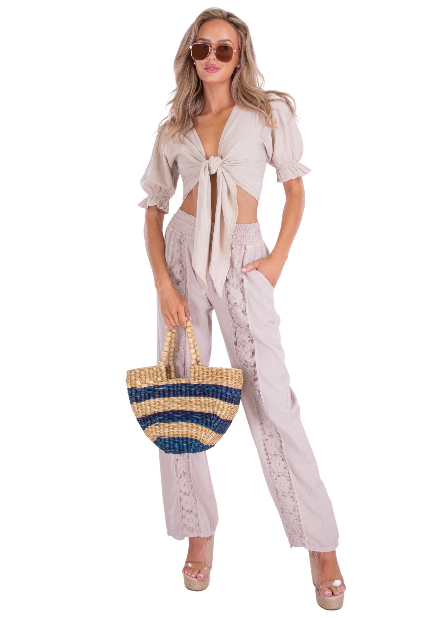 Fun Lattice Front Detailed Beige Cotton Pants