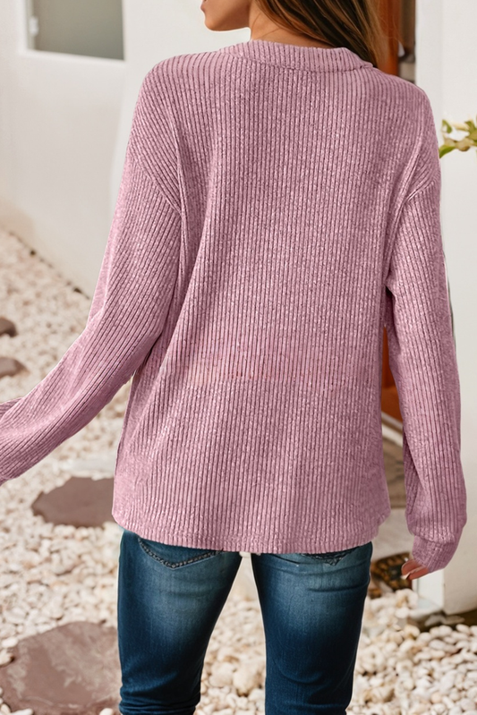 PinkSoft Cotton Ribbed Henley with Front Pocket