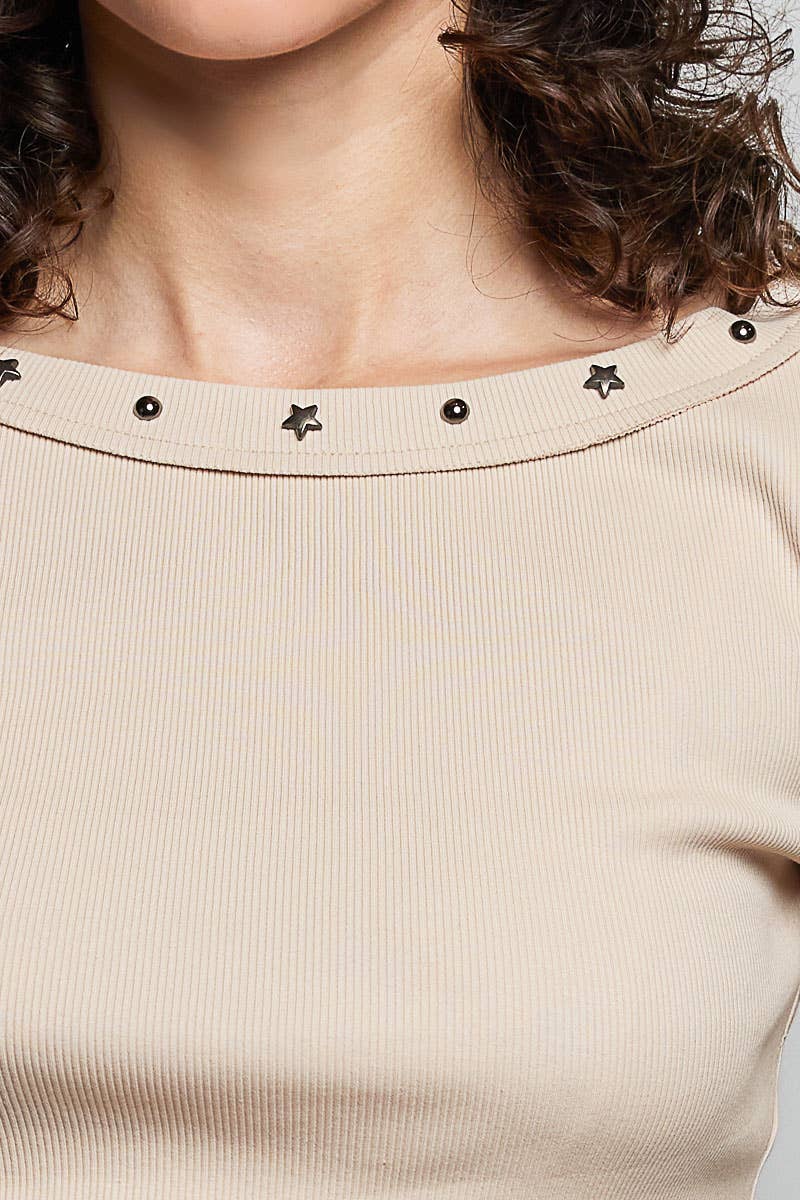 Dried Cherry Rib Knit Star Accents Stud Top-142894