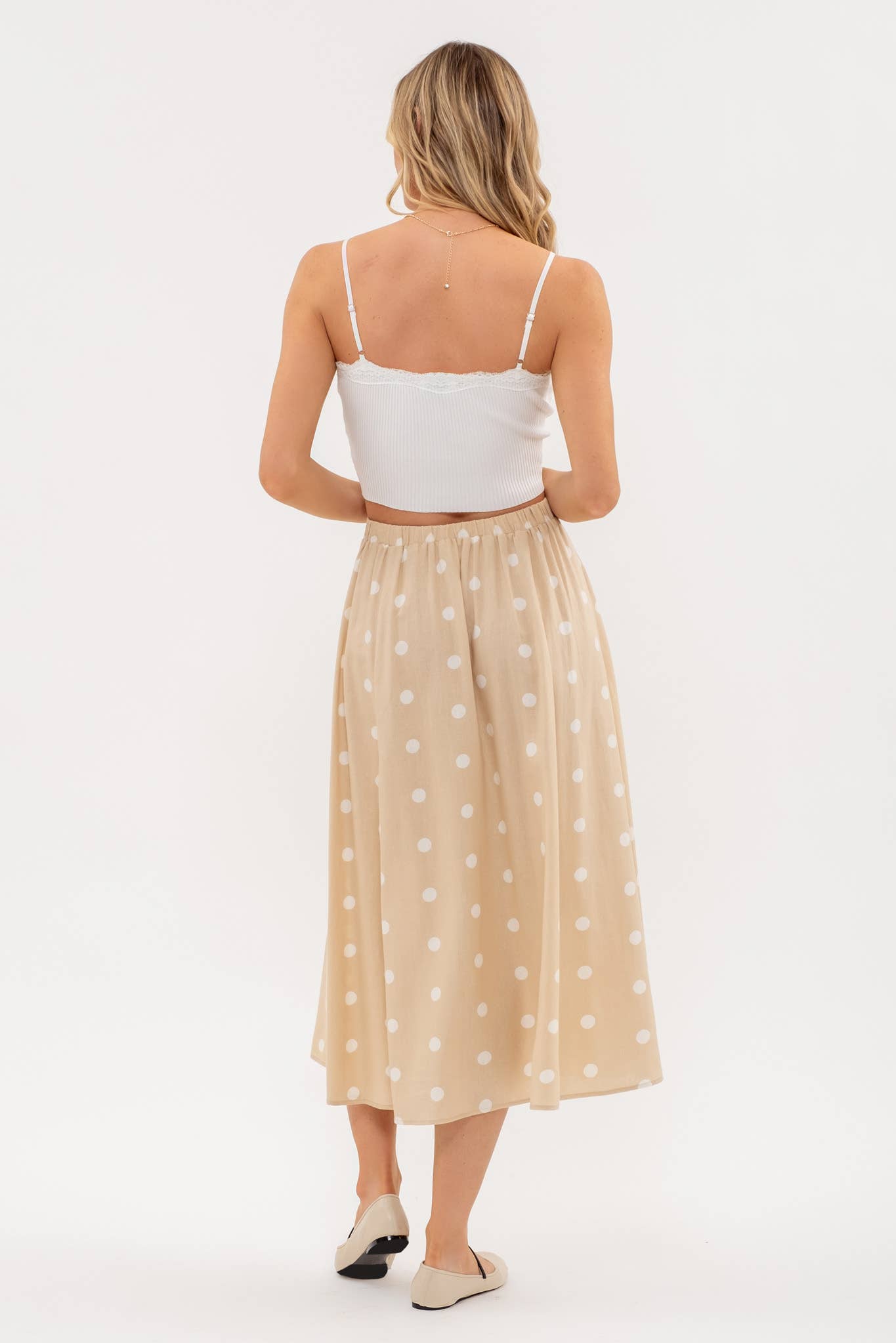 Khaki and White Linen Polka Dot Button Down Skirt