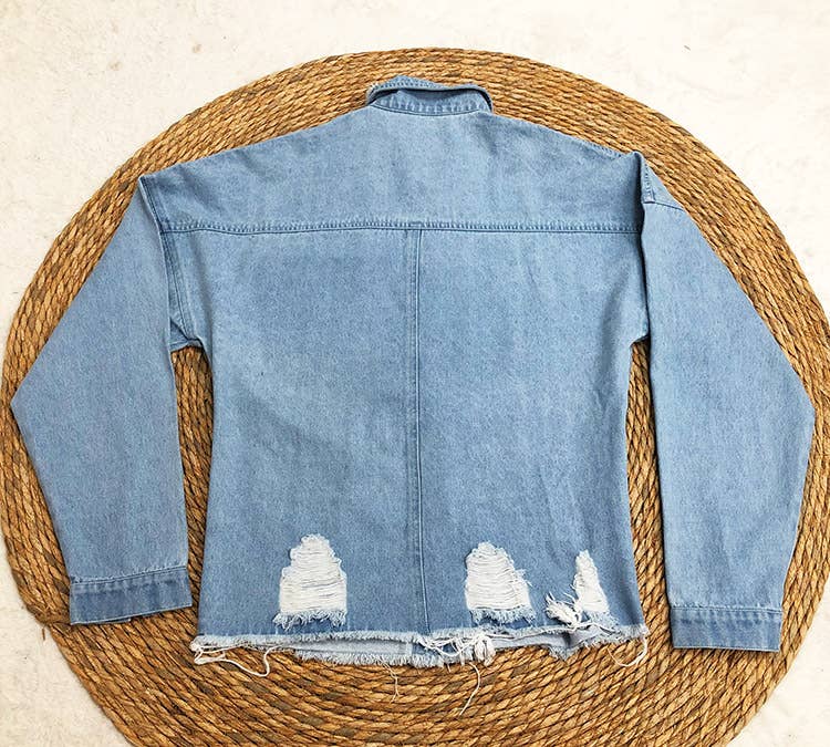 Blue Faded Oversized Distressed Frayed Edges Denim Jacket