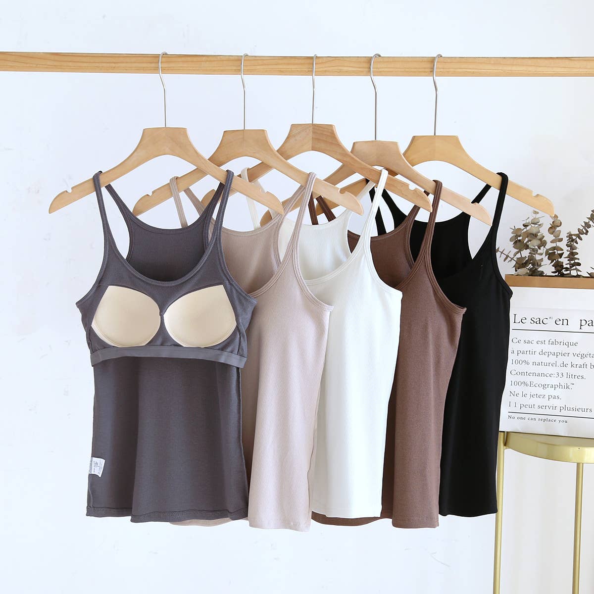 Beige athletic Spoon U-neck built-in bra rib tank top