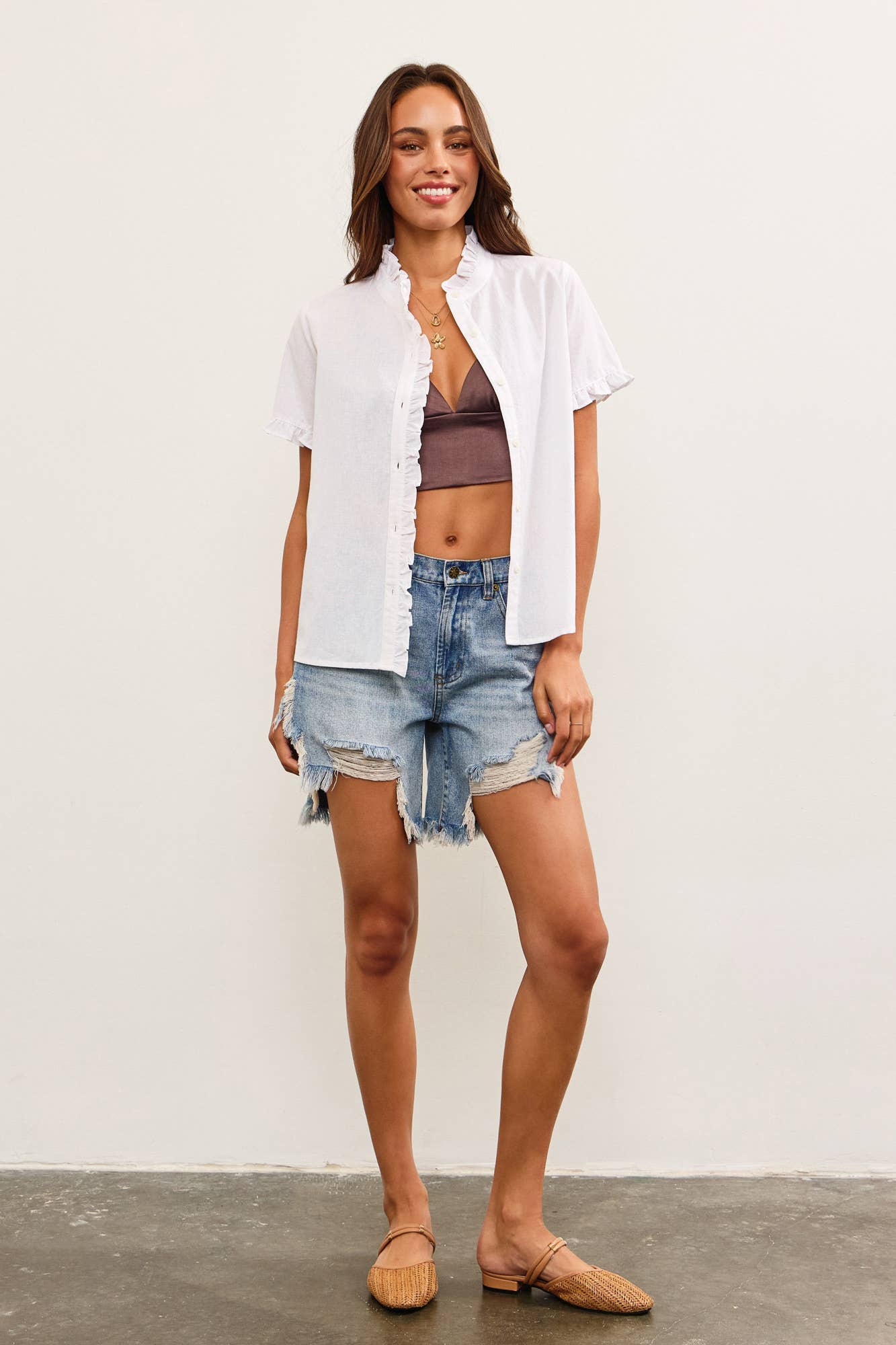 White Ruffle Trim Button Up Shirt-142495