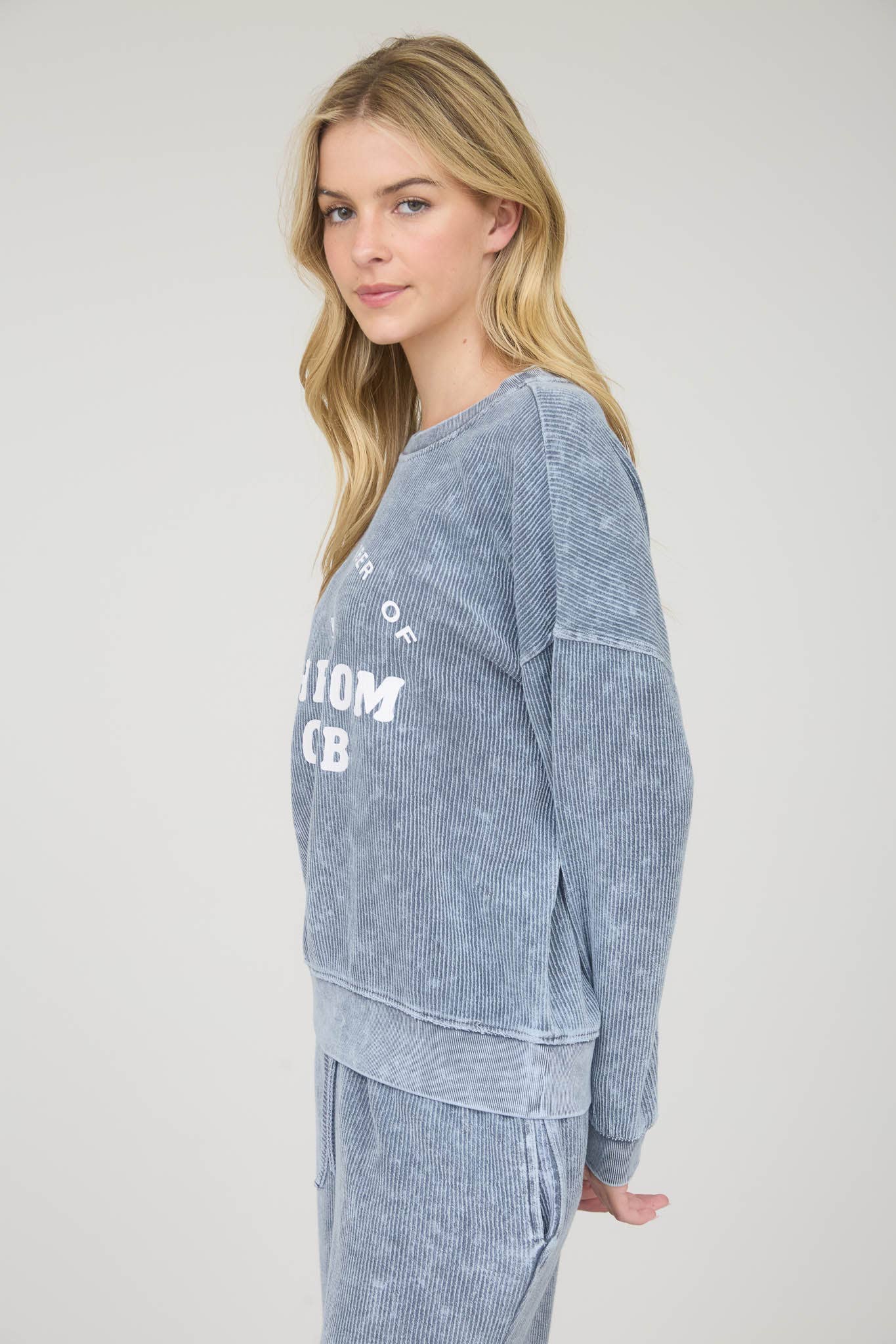 'Mom Club' Acid Washed Blue Ribbed Relaxed Fit Sweatshirt