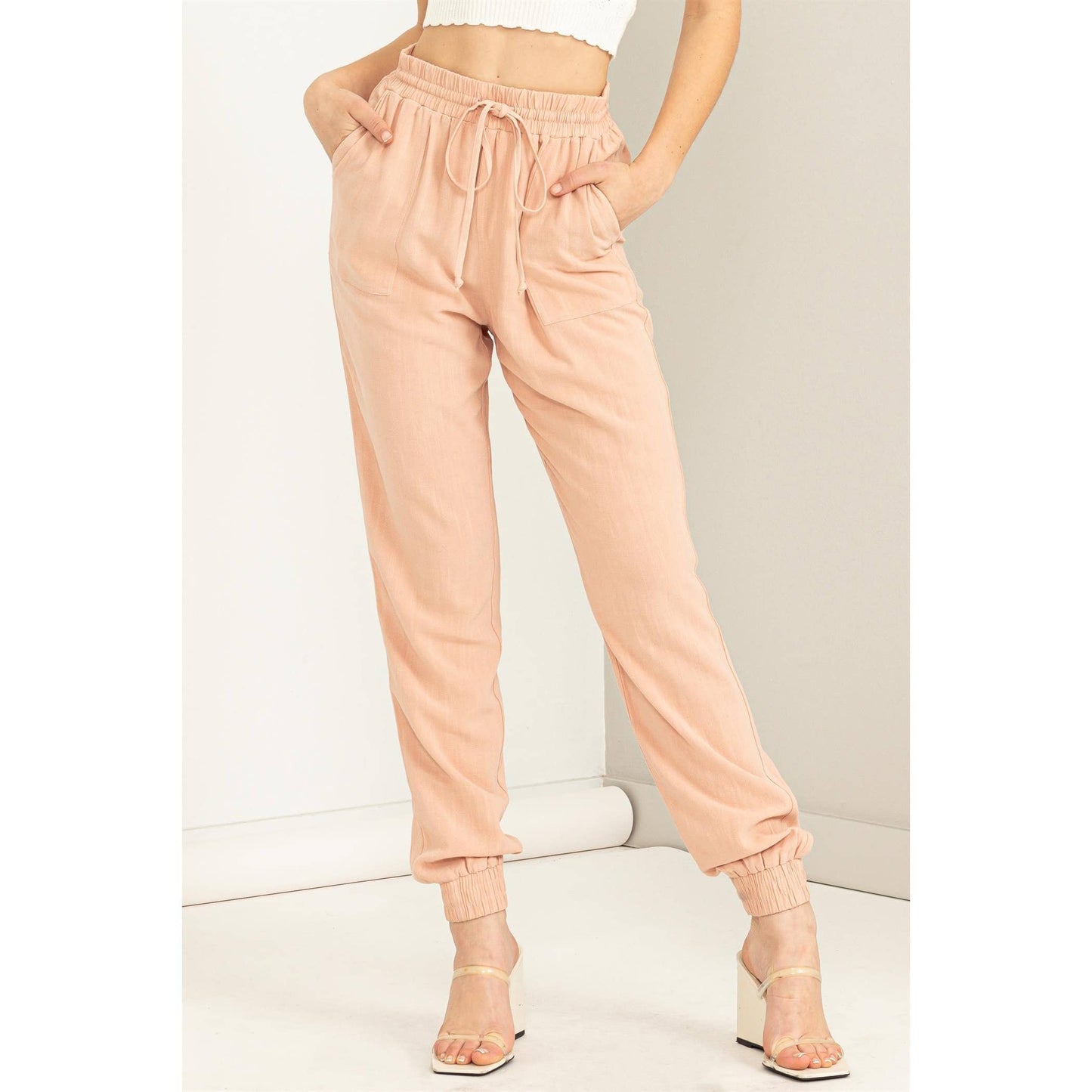 Pale Olive Green Linen Drawstring Jogger Pants