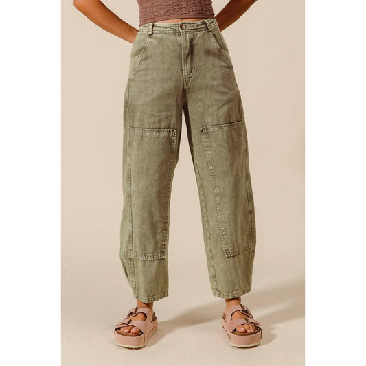 Olive Mineral-Washed Barrel Pants-131186