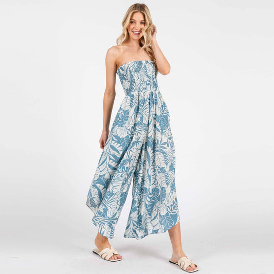 Blue and Cream Flowy Tropic Print Smocked Top Detail Jumpsuit