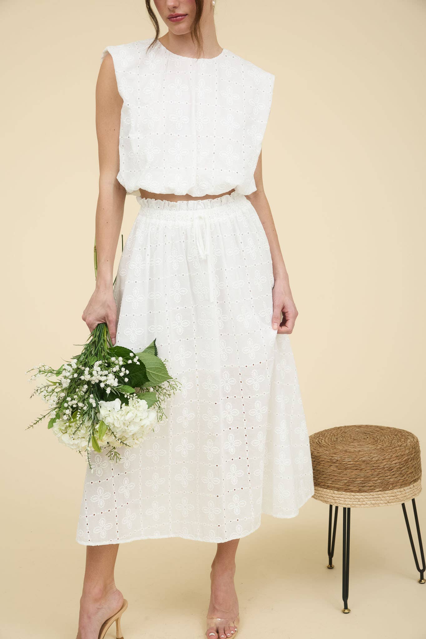 White Cotton Eyelet Ruffled Lined Midi Skirt