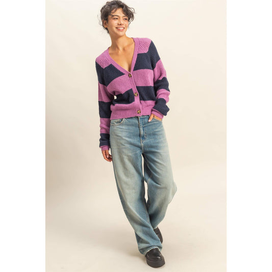 Navy and Purple Striped Button-Front Cardigan
