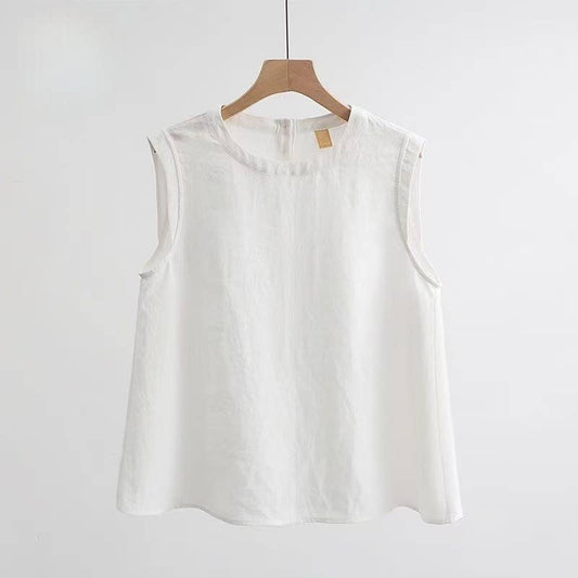 Boxy Lightweight Airy Cotton Linen Effect Boxy Crewneck Tank Top: Beige / White - 146421