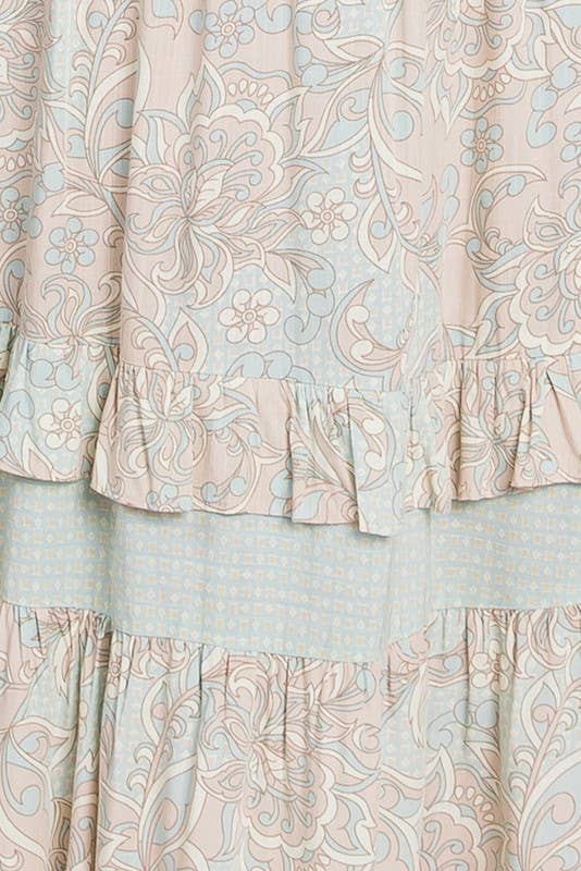 Mint and Taupe Delicate Design Block Ruffle Maxi Skirt