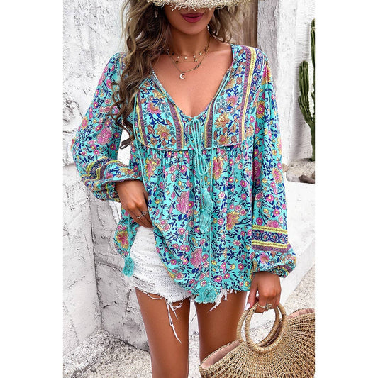 All Over Floral Print with String Tassels Deep V Boho Top
