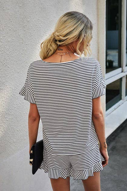 Boat Neck Grey/White Striped Top Ruffled Short Set