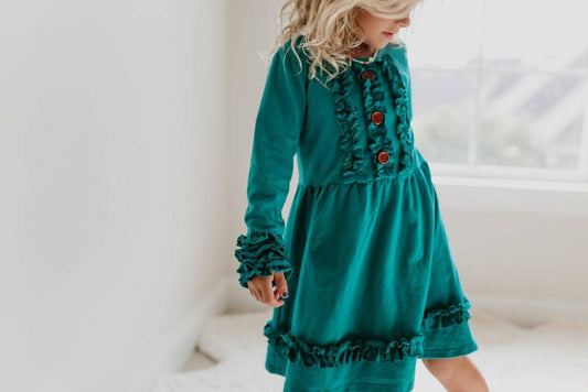 Dark Teal Long Sleeve with Ruffles and Buttons Dress