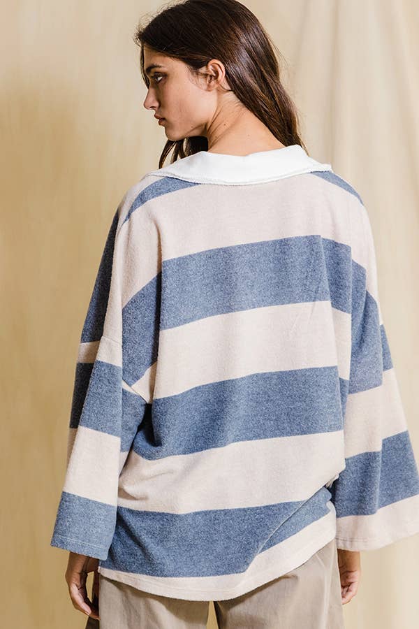 Soft Brushed Cotton Blue and White Striped Big Open Collared Top