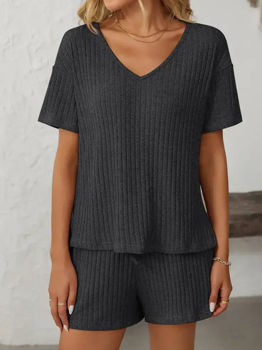 Charcoal Ribbed Lounge Set w/ Drawstring Shorts- 192511