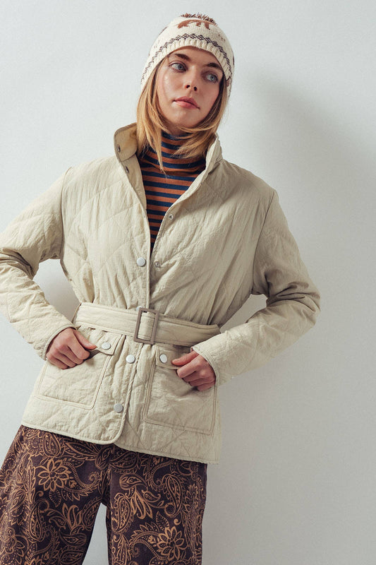 Lt Khaki Lauren Belted Diamond-Quilted Snap-Front Jacket