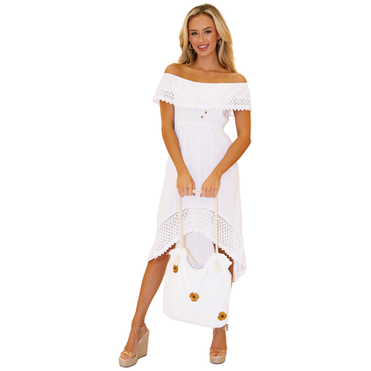 'Millie' White Cotton Bag with Wood Flower Detail Nautical Rope Handle