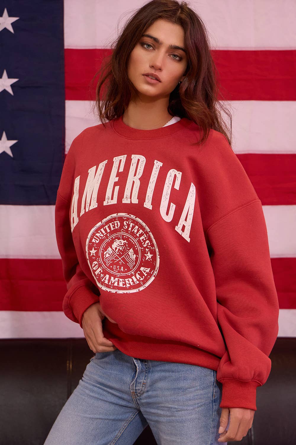 'AMERICA' Navy Blue Fleece Pullover Sweatshirt