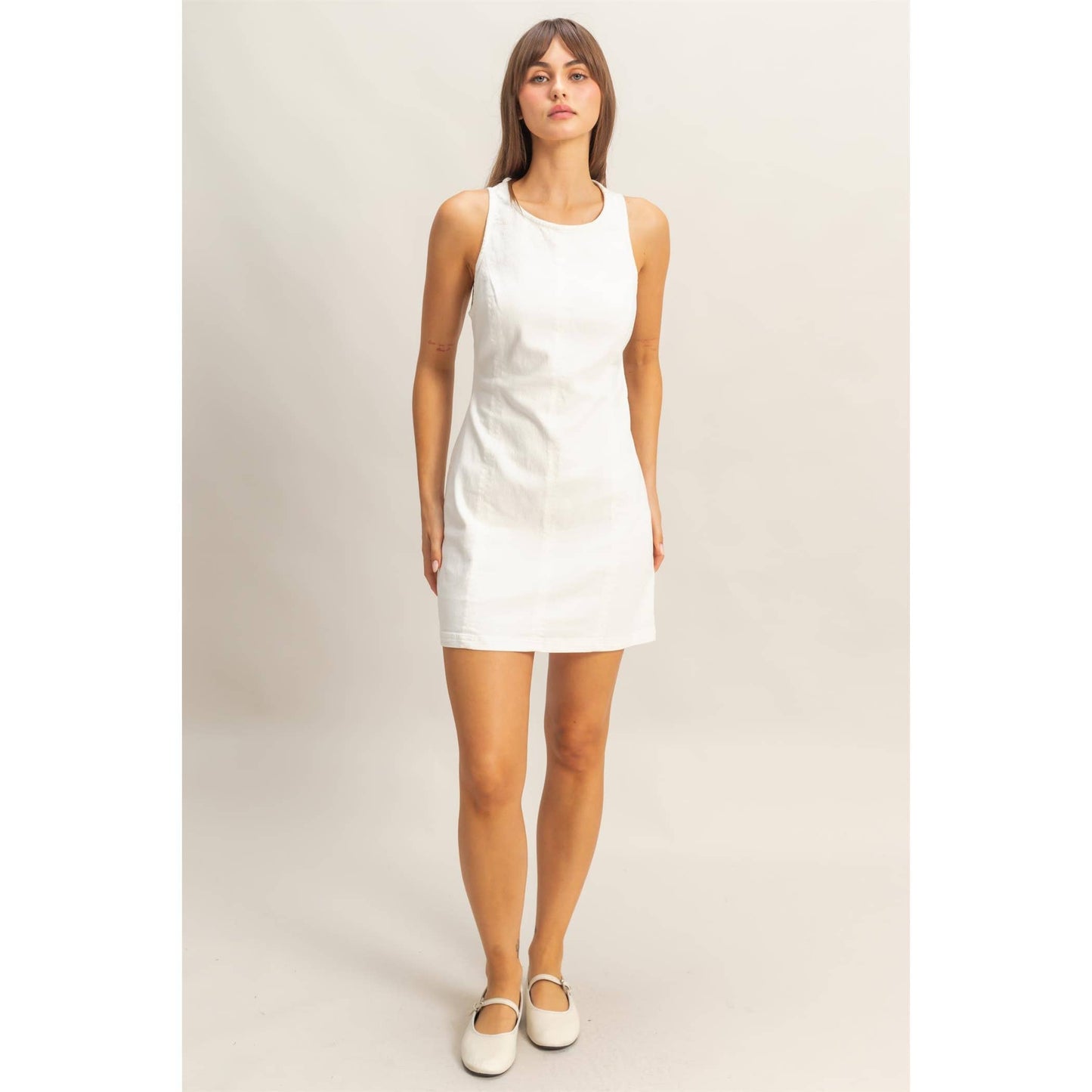 White Denim Open Back Mini Dress