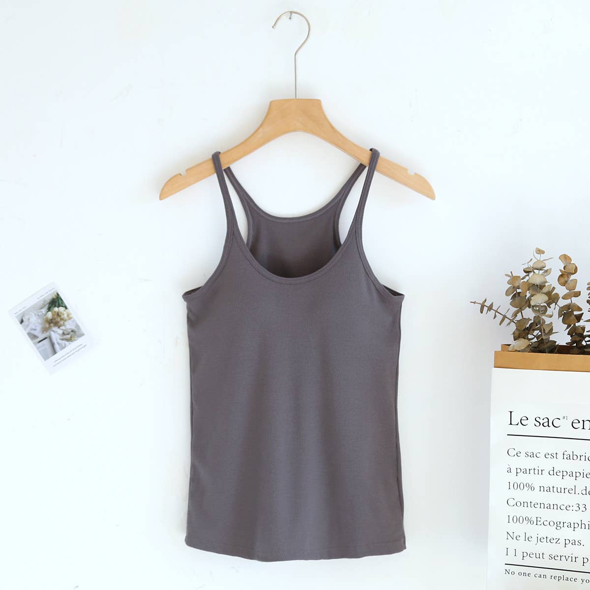 Beige athletic Spoon U-neck built-in bra rib tank top