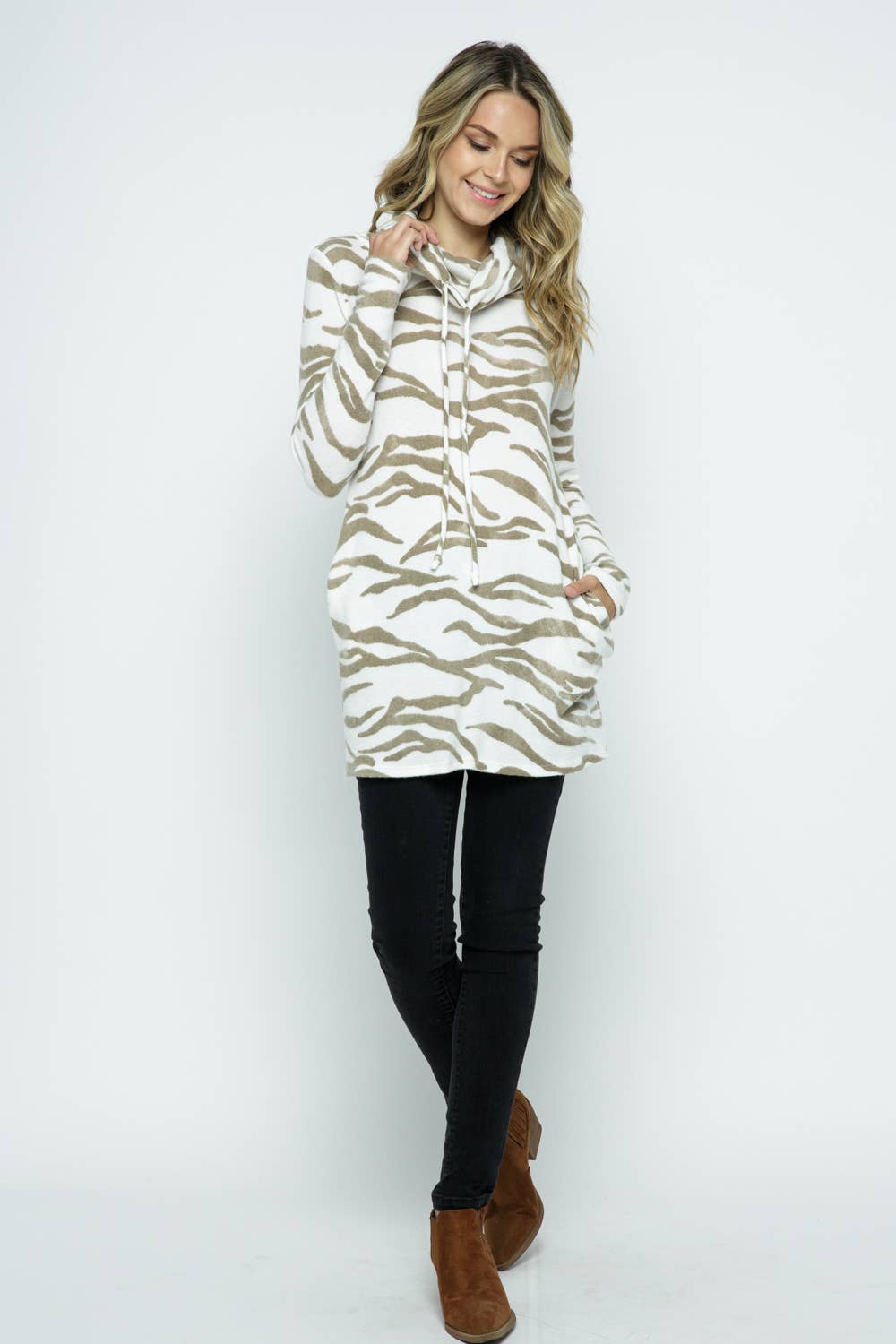 Olive / Cream Zebra Print Turtle Neck Dress in Light Sweater Knit Fabric
