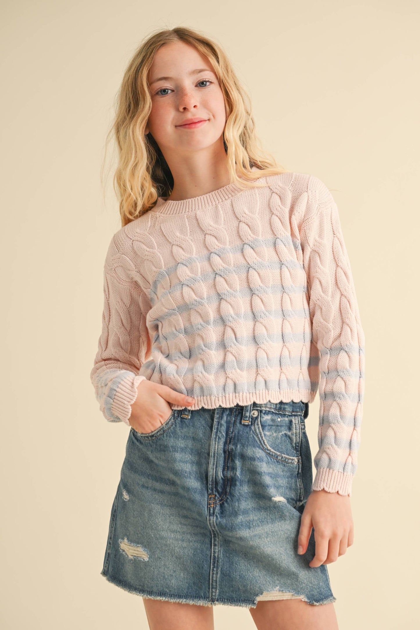 Blush and Blue Cable Knit Boxy Sweater