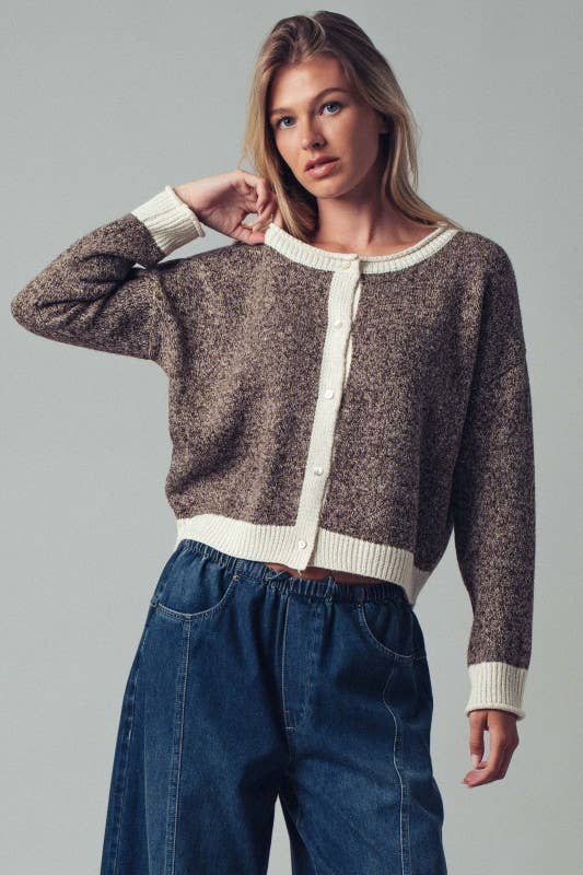 Cream Detail Mocha Soft Knit Button-front Cardigan Sweater