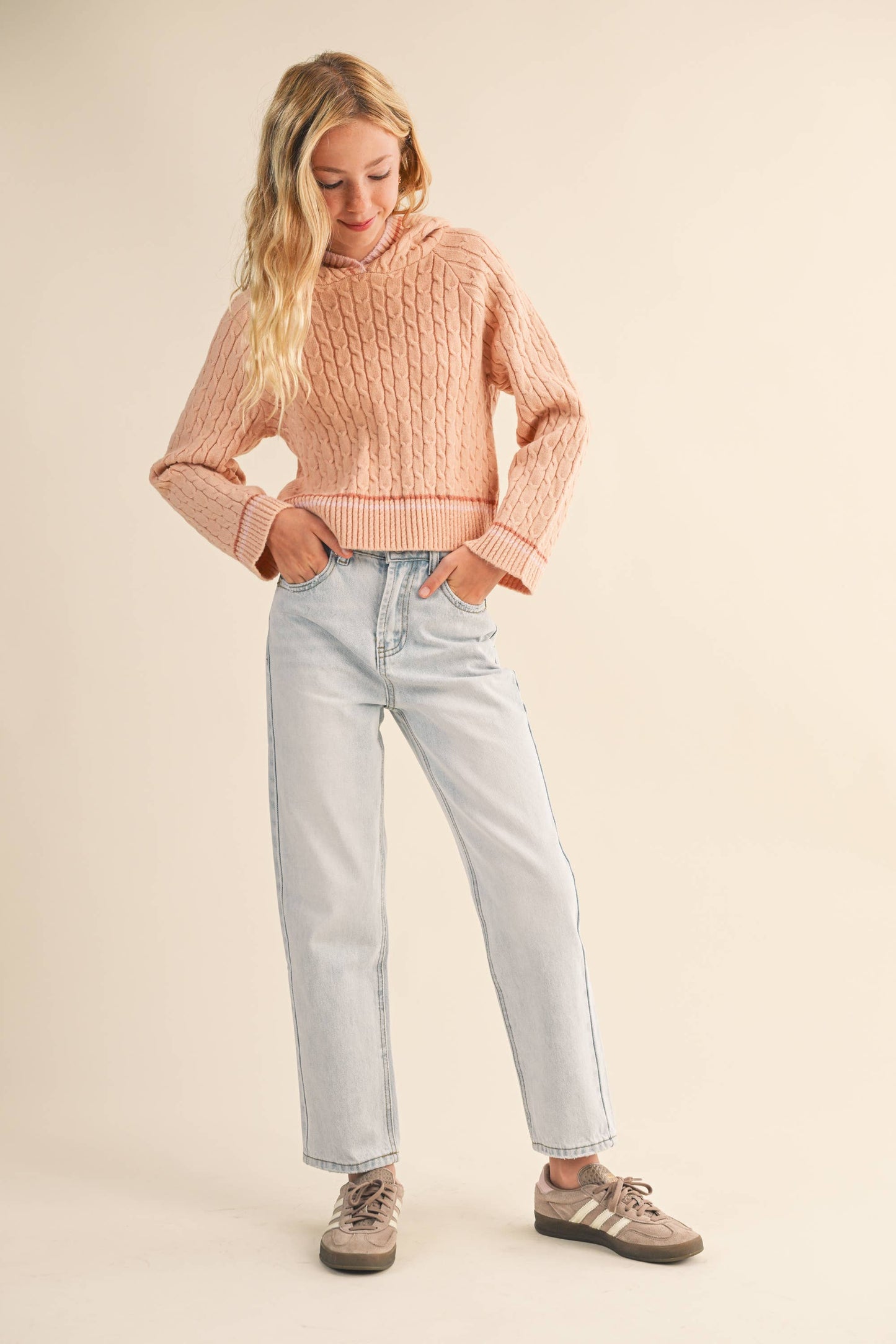 Soft Blush Hooded Cable Knit Sweater