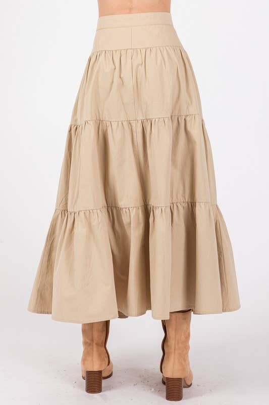 Beige Tiered Cotton Maxi Skirt W/ Button Detailed Front