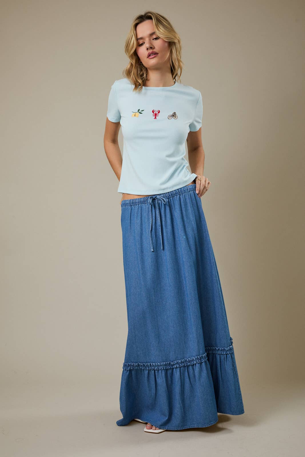 Light Blue Soft Ribbed Embroidered Top - 142083