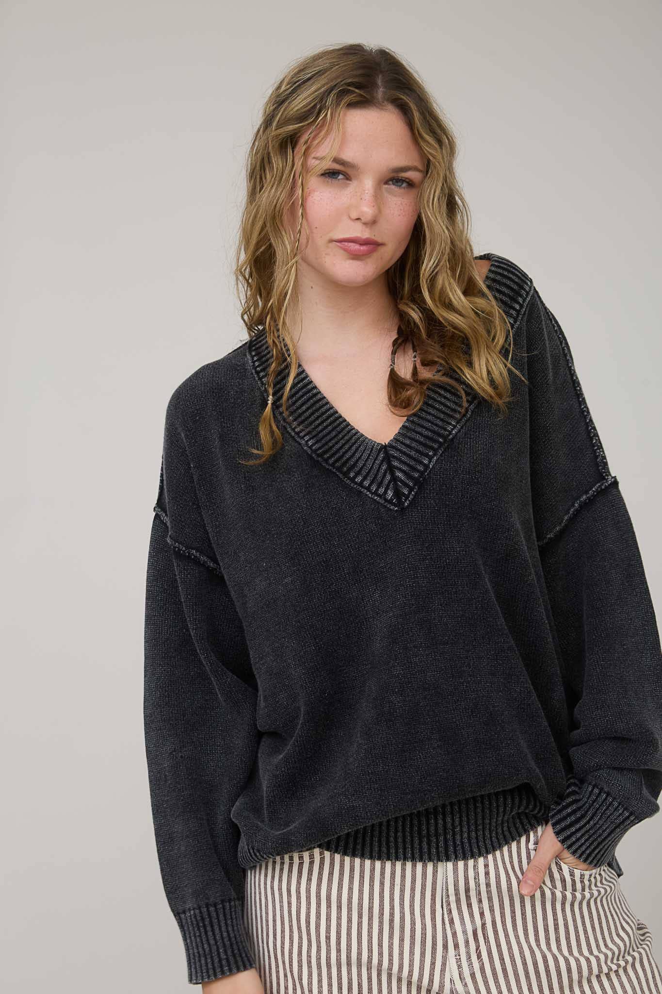 Acid Washed Charcoal V-Neck Soft Knit Sweater