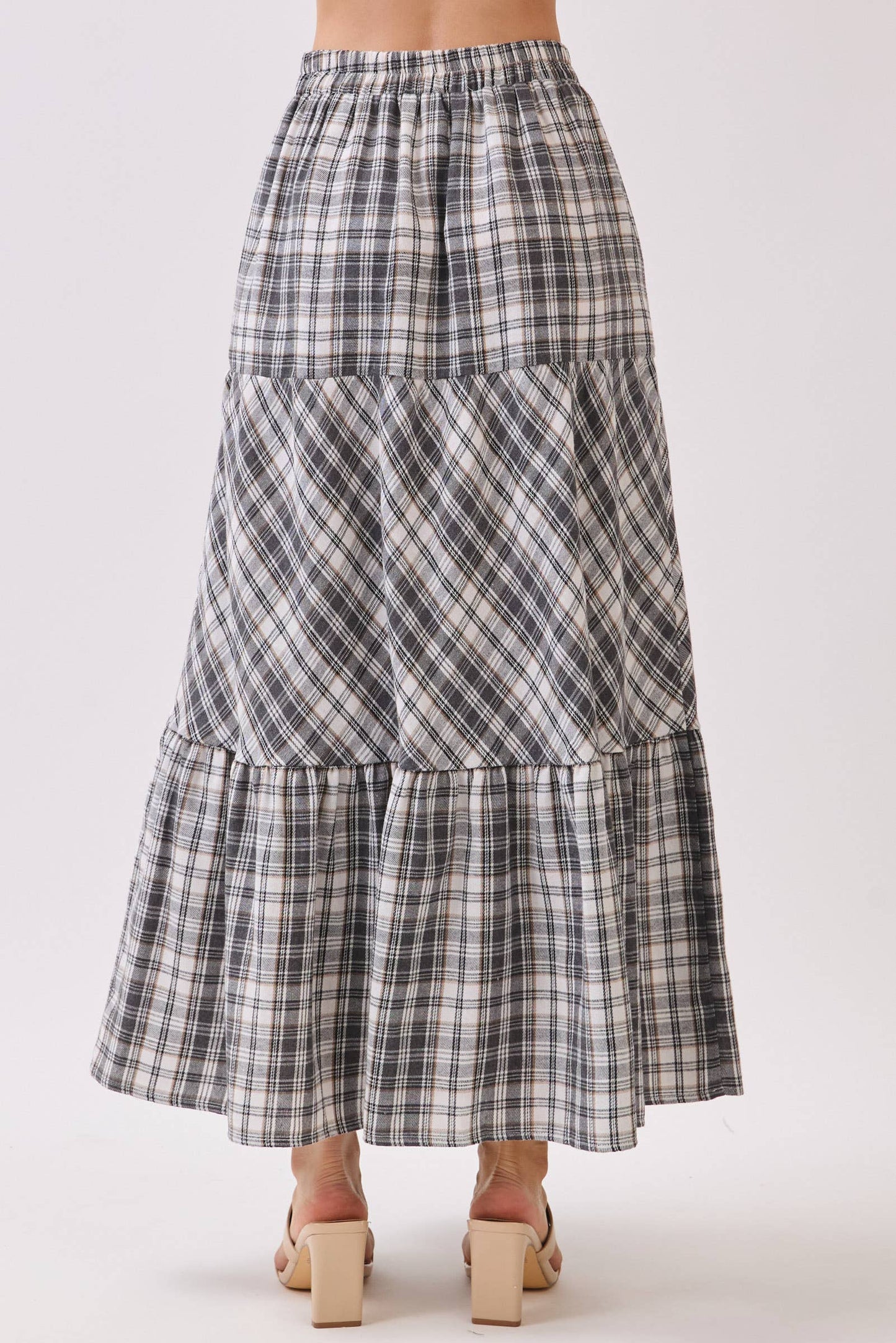 Boho Plaid Tiered Midi Skirt