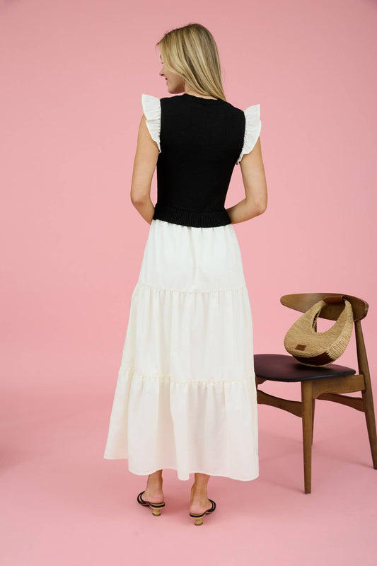 Black Summer Knit Ruffled Cap Sleeve Vest Lined Maxi Dress