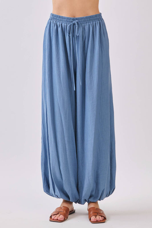 Slate Blue Flowy Gathered Wide Leg Pants